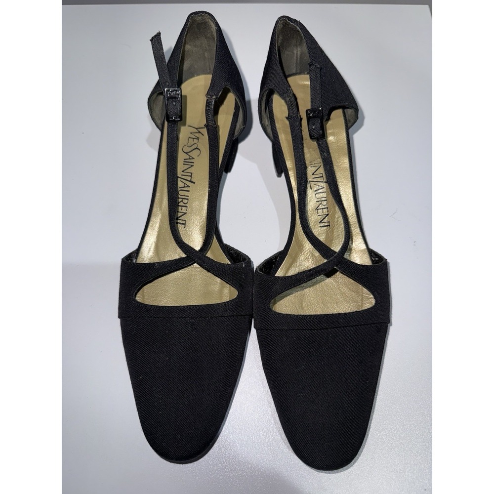 Vintage YSL Satin T-Strap Heels 6 Black Made in Italy 90's SEE PHOTOS